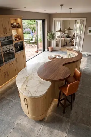 Curved Kitchen Island with Marble Top & Wood Breakfast Bar