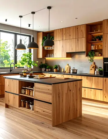 Modern wooden kitchen with island - complete cabinet set