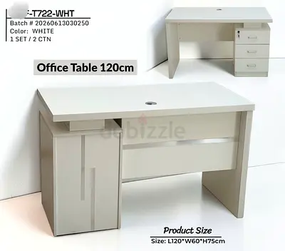 White Office Desk 120cm with 3-Drawer Pedestal and Cable Hole