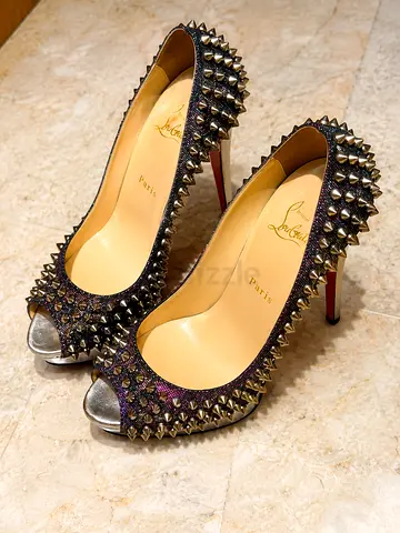 Christian Louboutin Studded Peep-Toe Heels - Metallic Purple, Size Unknown