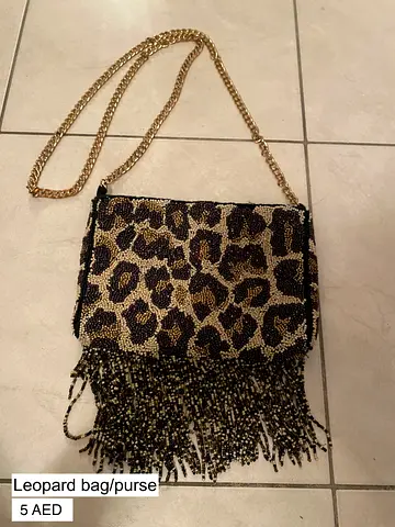 Leopard print beaded fringe crossbody bag with gold chain strap