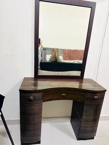 Wooden Dressing Table with Mirror - Dark Brown, Good Condition and One Side Table
