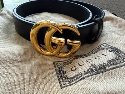 Genuine Gucci Black Leather Belt with Gold Double G Buckle - Size 75