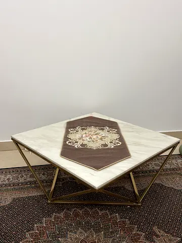 Marble-top Square Coffee Table with Gold Geometric Base