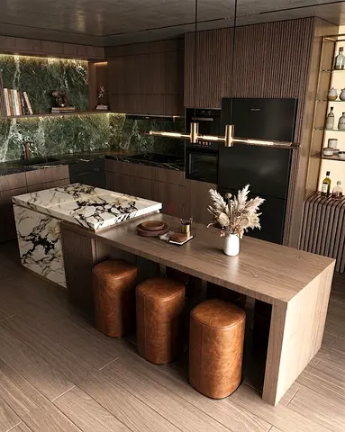 Modern wooden kitchen island with marble breakfast bar and stools
