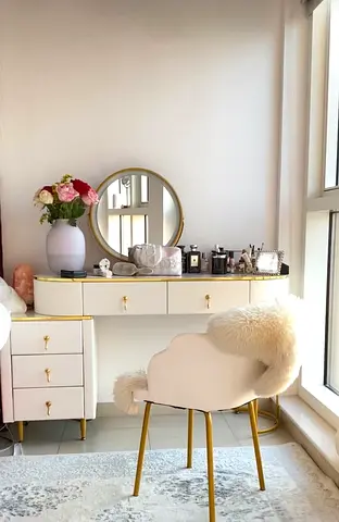 White Vanity Dressing Table with Gold Accents