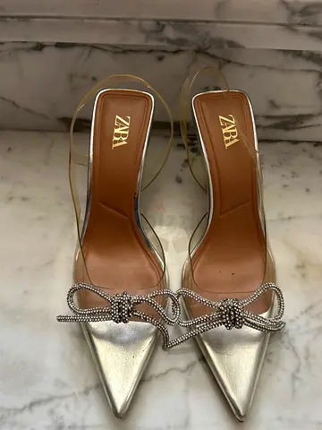 Zara silver pointed slingback heels with bow embellishment - size 37