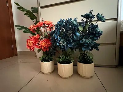 Set of 3 Artificial Potted Plants with Cream Ceramic Pots