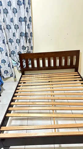 Solid Malaysia Wood Double Bed Frame with Slatted Base - Good Condition