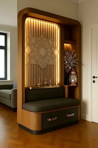 Wooden Entryway Bench with Built-in Shelf, Lighting and Storage