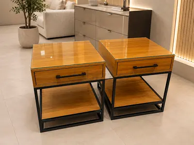 Crate and barrel Pair of Modern Wooden Nightstands with Black Metal Frame