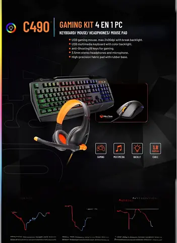 C490 4-in-1 USB Gaming Kit — Keyboard, Mouse, Headset, Mousepad (RGB Backlight)