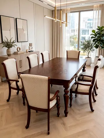 Solid Wood 6-Seater Dining Table with Upholstered Chairs