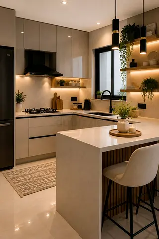 Modern Beige L-shaped Kitchen with Island