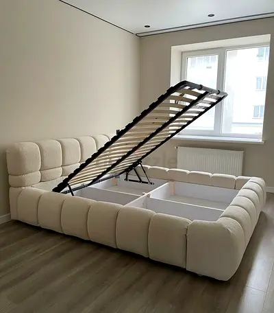 Upholstered Storage Bed Frame with Lift-Up Slatted Base - Cream, Queen/King