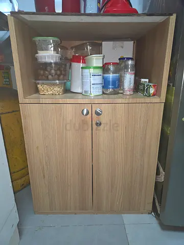 Compact wooden kitchen cabinet with two doors and open shelf