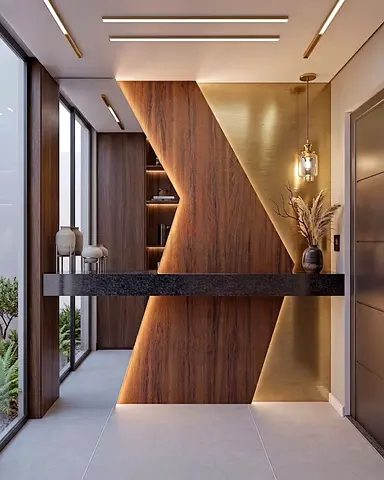 Modern wooden and brass feature wall with floating console — excellent condition