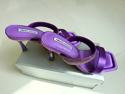 Purple satin heeled sandals with rhinestone strap