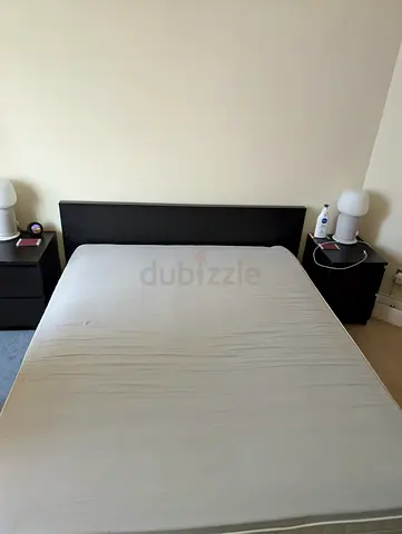 Double bed frame with headboard and two matching bedside tables - black