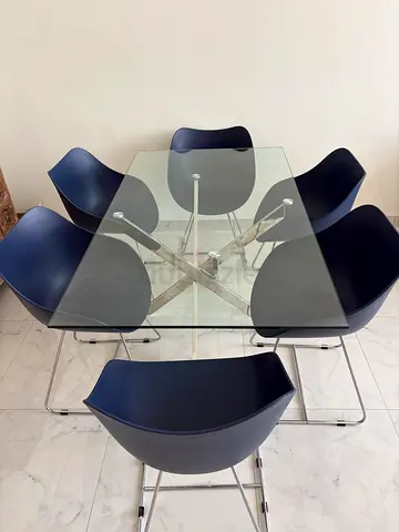 Glass Top Dining Table with 6 Modern Navy Chairs