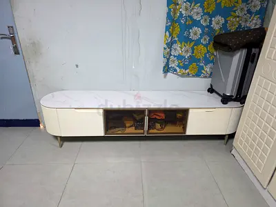 White low TV cabinet with marble top and glass doors - good condition