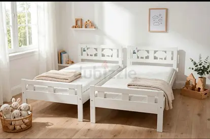 Set of 2 Wooden Kids Single Beds - White, Good Condition
