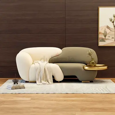 Modern Two-Tone Curved Sofa (Cream & Olive) - Good Condition