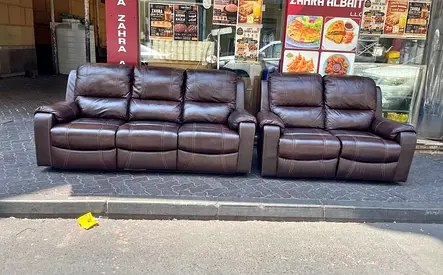 Brown leather 3-seater sofa + 2-seater loveseat set - good condition