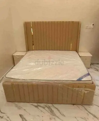 Queen bed frame with headboard and storage - beige, like new