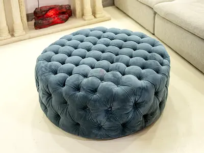Ottoman round blue velvet