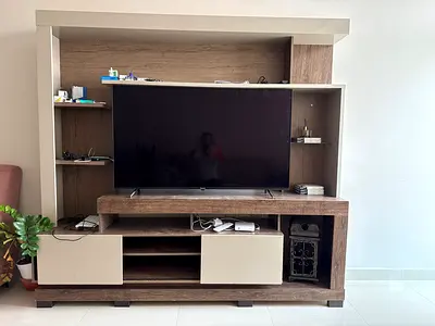 Wooden TV Entertainment Unit with Shelves and Cabinets - Good Condition
