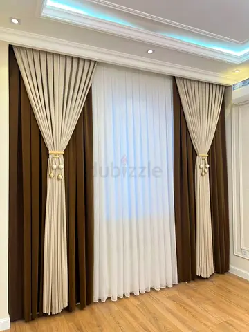 Pair of Brown and Cream Layered Window Curtains