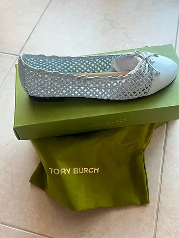 Brand New Tory Burch Women's Grey Woven Leather Ballet Flats - With Box & Dust Bag