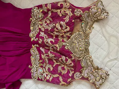 Fuchsia evening dress with gold beaded embroidery, size approx M