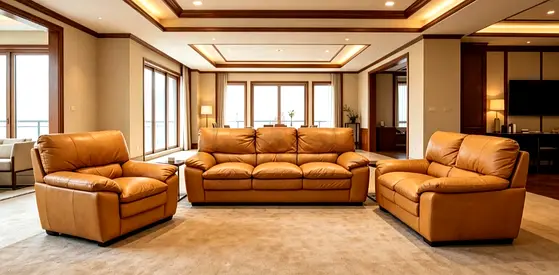 3-piece tan leather sofa set — 3-seater + 2 single armchairs, good condition