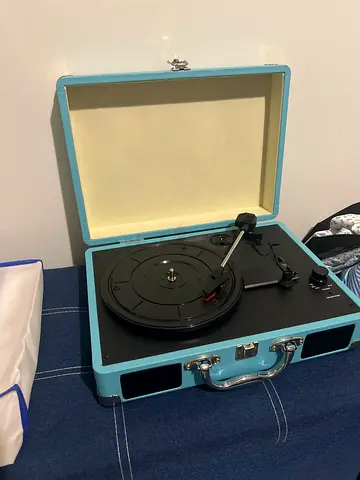 Portable suitcase record player / turntable in light blue