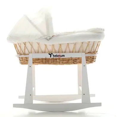 Teknum Wicker Bassinet with Rocking Stand and Canopy - White