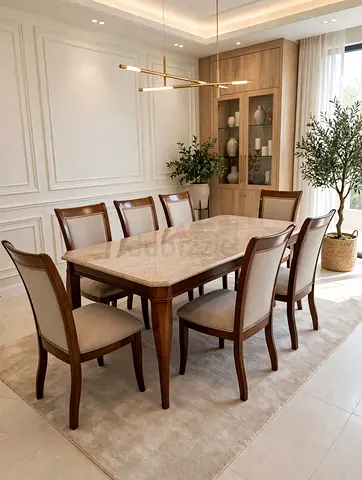 6 Seater Marble Top Dining Table with Upholstered Chairs - Excellent Condition