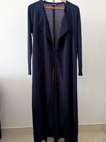 Long navy open-front lightweight cardigan, size M