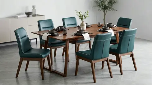 Solid Wood Dining Table with 6 Teal Upholstered Chairs - Modern Set