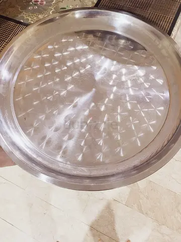 Large Round Stainless Steel Serving Tray - Good Condition                       .