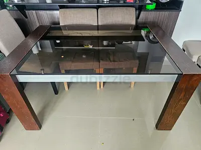 Glass Top Dining Table with Dark Wood Frame - 6 Seater with 3 chairs