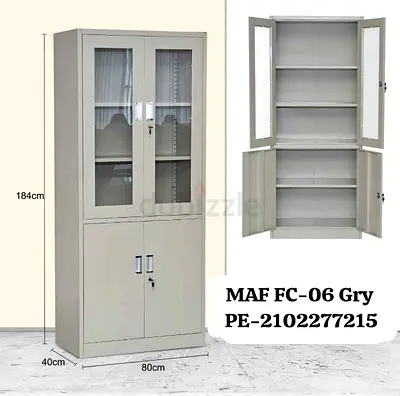 Metal Storage Cabinet with Glass Upper Doors and Lock - Grey (184cm)