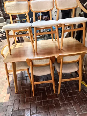Solid Wood Dining Table with 6 Upholstered Chairs - Light Oak Finish