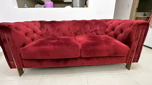 Maroon Velvet 2-Seater Chesterfield Sofa — Good Condition