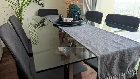 Modern Glass Dining Set with 6 Grey Chairs