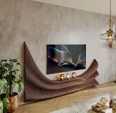 Unique Wave-Pattern TV Console / Entertainment Unit - Handcrafted Wooden Design