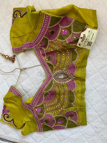 brand new saree with Hand-embroidered green and pink women's blouse (readymade) - brand new