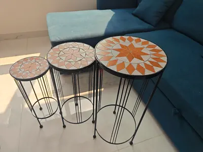 Set of 3 Mosaic Tile Nesting Side Tables with Metal Frames