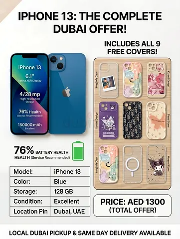 iPhone 13 Blue 128GB — Excellent Condition, 9 Free Covers, Dubai Pickup
